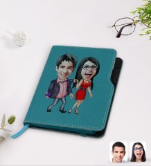 Kişiye Özel Sevgililer Karikatürlü Turkuaz Termo Deri Defter-4