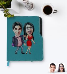 Kişiye Özel Sevgililer Karikatürlü Turkuaz Termo Deri Defter-4