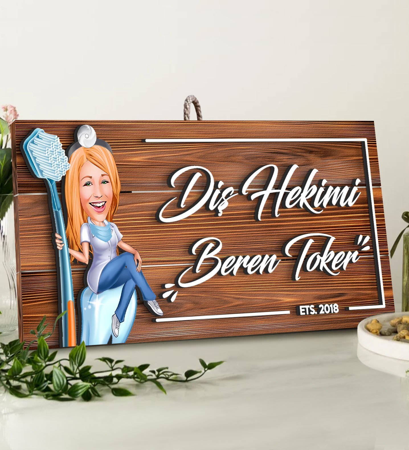 BK Gift Kişiye Özel Diş Hekimi Karikatürlü Dekoratif Ahşap Tabela-2
