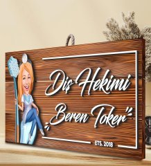 BK Gift Kişiye Özel Diş Hekimi Karikatürlü Dekoratif Ahşap Tabela-2