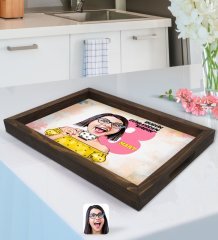Kişiye Özel Kadınlar Günü Karikatürlü Doğal Ahşap Tepsi-2