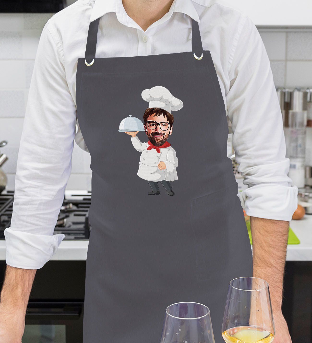 BK Gift Kişiye Özel Erkek Chef Karikatürlü Profesyonel Antrasit Mutfak Önlüğü, Aşçı Önlüğü, Şef Önlüğü, Arkadaşa Hediye-1