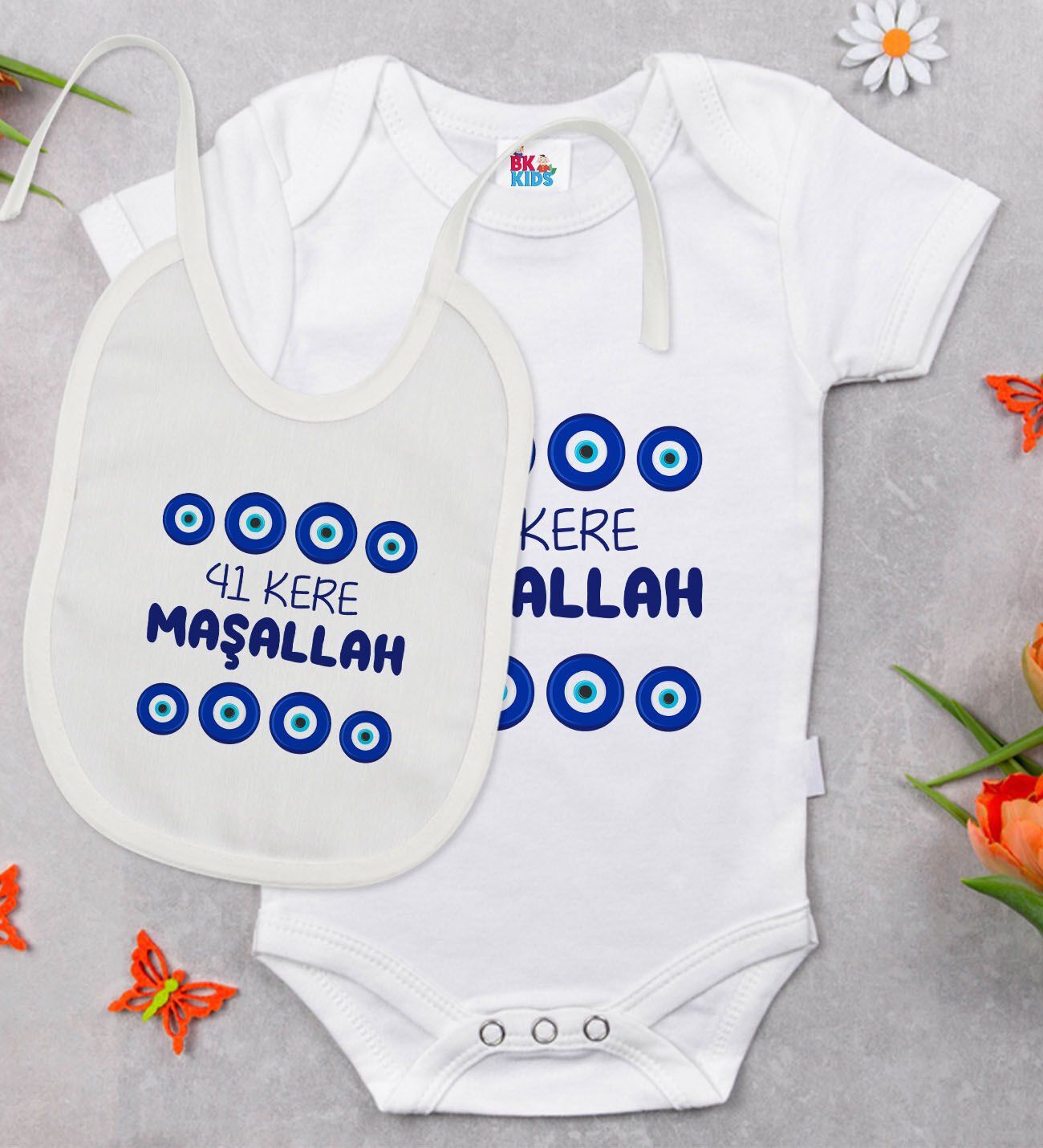 BK Kids Maşallah Tasarımlı Beyaz Bebek Body Zıbın ve Mama Önlüğü Hediye Seti-2