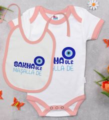 BK Kids Maşalla De Tasarımlı Pembe Bebek Body Zıbın ve Mama Önlüğü Hediye Seti-1