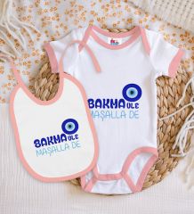 BK Kids Maşalla De Tasarımlı Pembe Bebek Body Zıbın ve Mama Önlüğü Hediye Seti-1