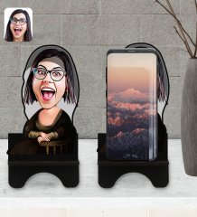 Kişiye Özel Mona Lisa Karikatürlü Ahşap Biblo Telefon Standı-1
