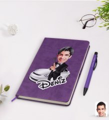 Kişiye Özel Erkek Ajan Karikatürlü Mor Termo Deri Defter Kalem Seti Model 1