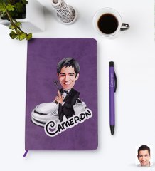 Kişiye Özel Erkek Ajan Karikatürlü Mor Termo Deri Defter Kalem Seti Model 1