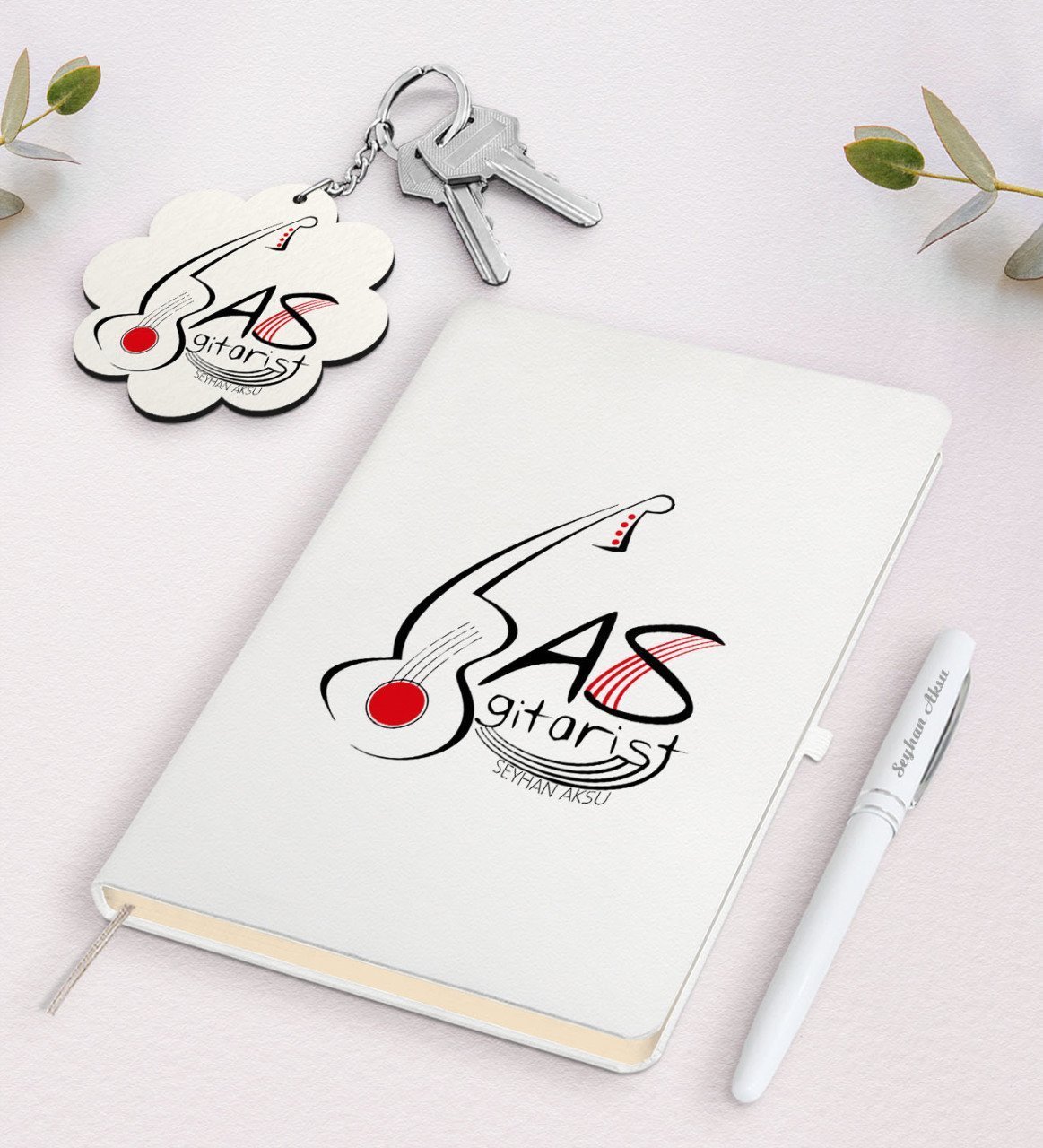 Kişiye Özel Bas Gitarist Beyaz Defter Kalem ve Anahtarlık Hediye Seti-1