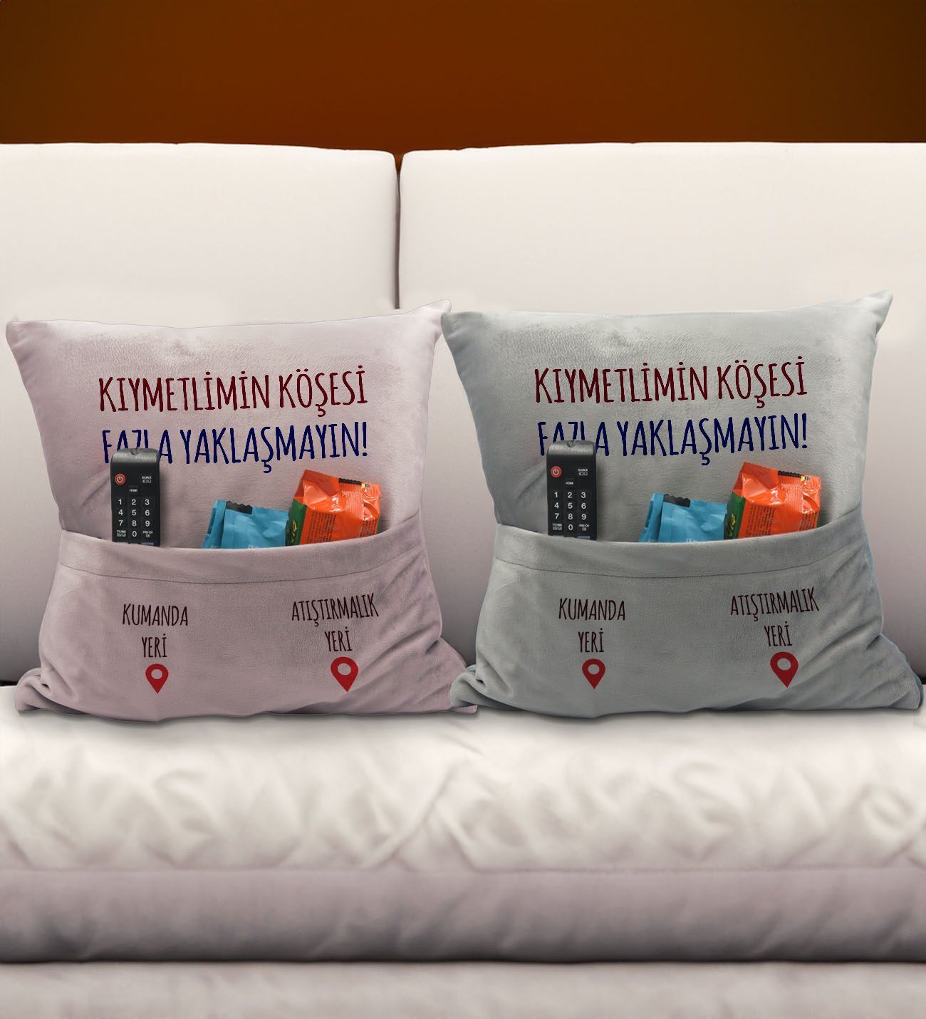 BK Gift Eğlenceli Tasarımlı 2'li Organizer Kumanda ve Atıştırmalık Cepli Pembe&Gri Kırlent Yastık- 5, Ev Dekoru, Ev Hediyesi