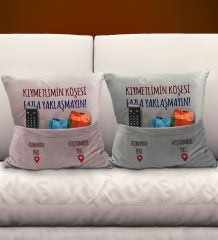 BK Gift Eğlenceli Tasarımlı 2'li Organizer Kumanda ve Atıştırmalık Cepli Pembe&Gri Kırlent Yastık- 5, Ev Dekoru, Ev Hediyesi