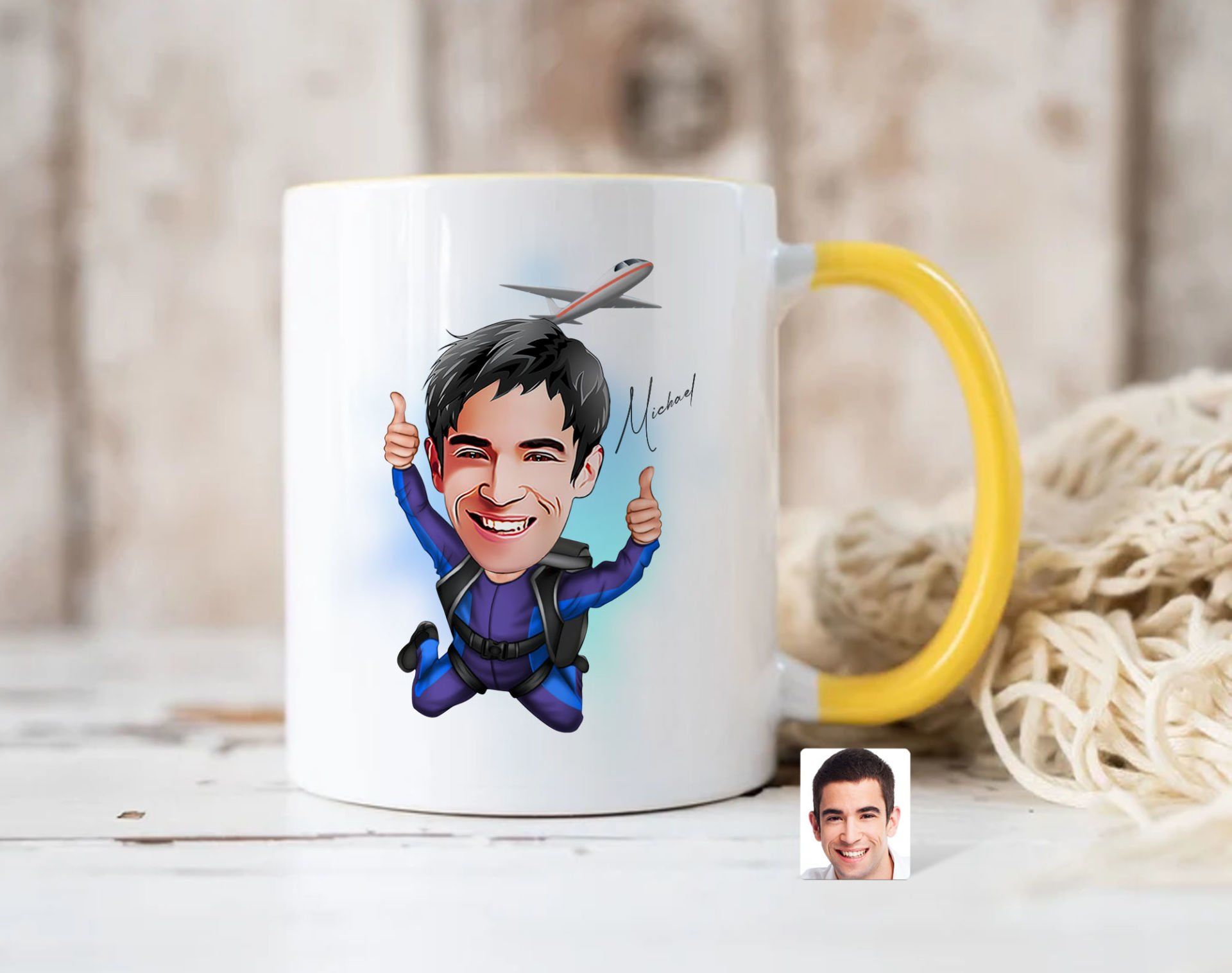 Bk Gift Kişiye Özel Paraşüt Karikatürlü Sarı Kupa Bardak-1, Sevgiliye Hediye, Arkadaşa Hediye