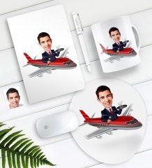 Kişiye Özel Bay Uçuş Görevlisi Host Karikatürlü Defter Kalem Kupa Mouse Pad Seti