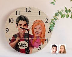 Kişiye Özel Sevgililer Karikatürlü Otantik Ahşap Palet Saat-91