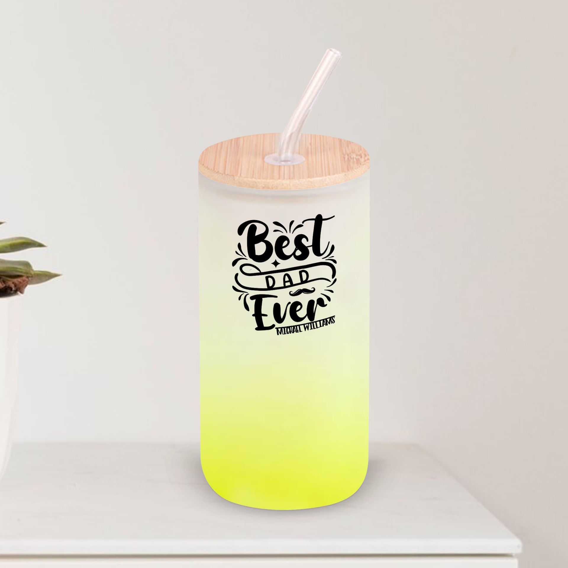 BK Gift İsimli Dad Tasarımlı Sarı Renk Pipetli Buzlu Cam Bardak 600ml - 5, Babaya Hediye, Doğum Günü Hediyesi