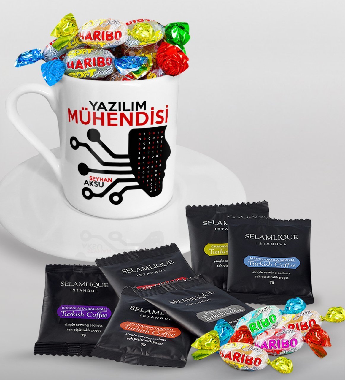 Kişiye Özel Yazılım Mühendisi Türk Kahvesi Fincanı Selamlique Karışık Türk Kahvesi ve Haribo Şeker Hediye Seti-2