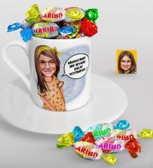Kişiye Özel Kız Çocuk Nihayetinde Karikatürlü Türk Kahvesi Fincanı ve Haribo Şeker Hediye Seti-2