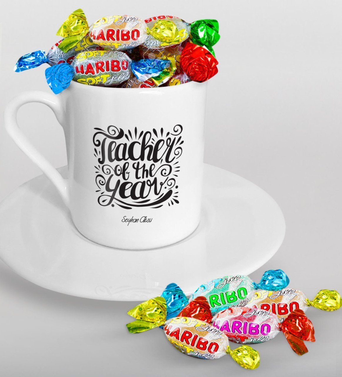 Kişiye Özel Yılın Öğretmeni Türk Kahvesi Fincanı ve Haribo Şeker Hediye Seti-1