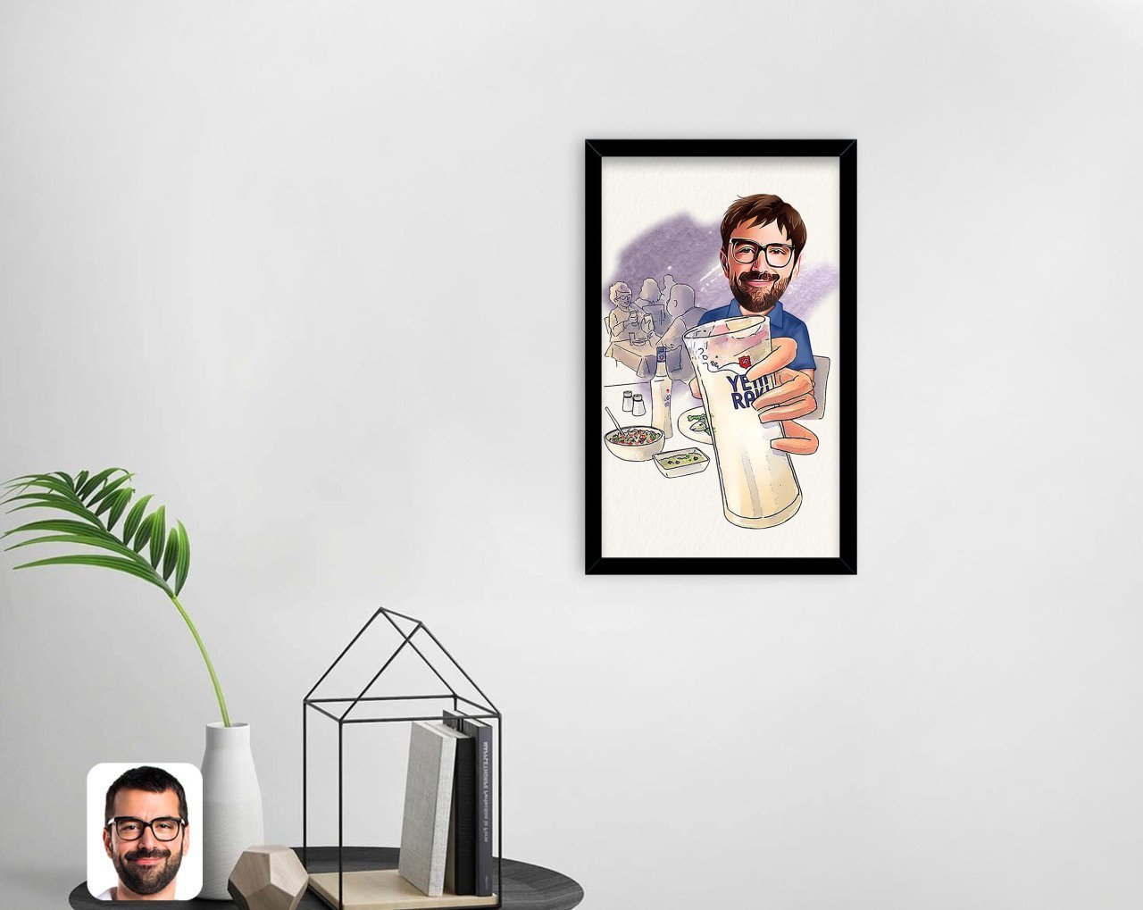 BK Home Erkek Rakı Karikatürlü Dekoratif Ahşap Siyah Çerçeveli Tablo-1