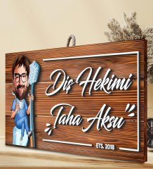 BK Gift Kişiye Özel Diş Hekimi Karikatürlü Dekoratif Ahşap Tabela