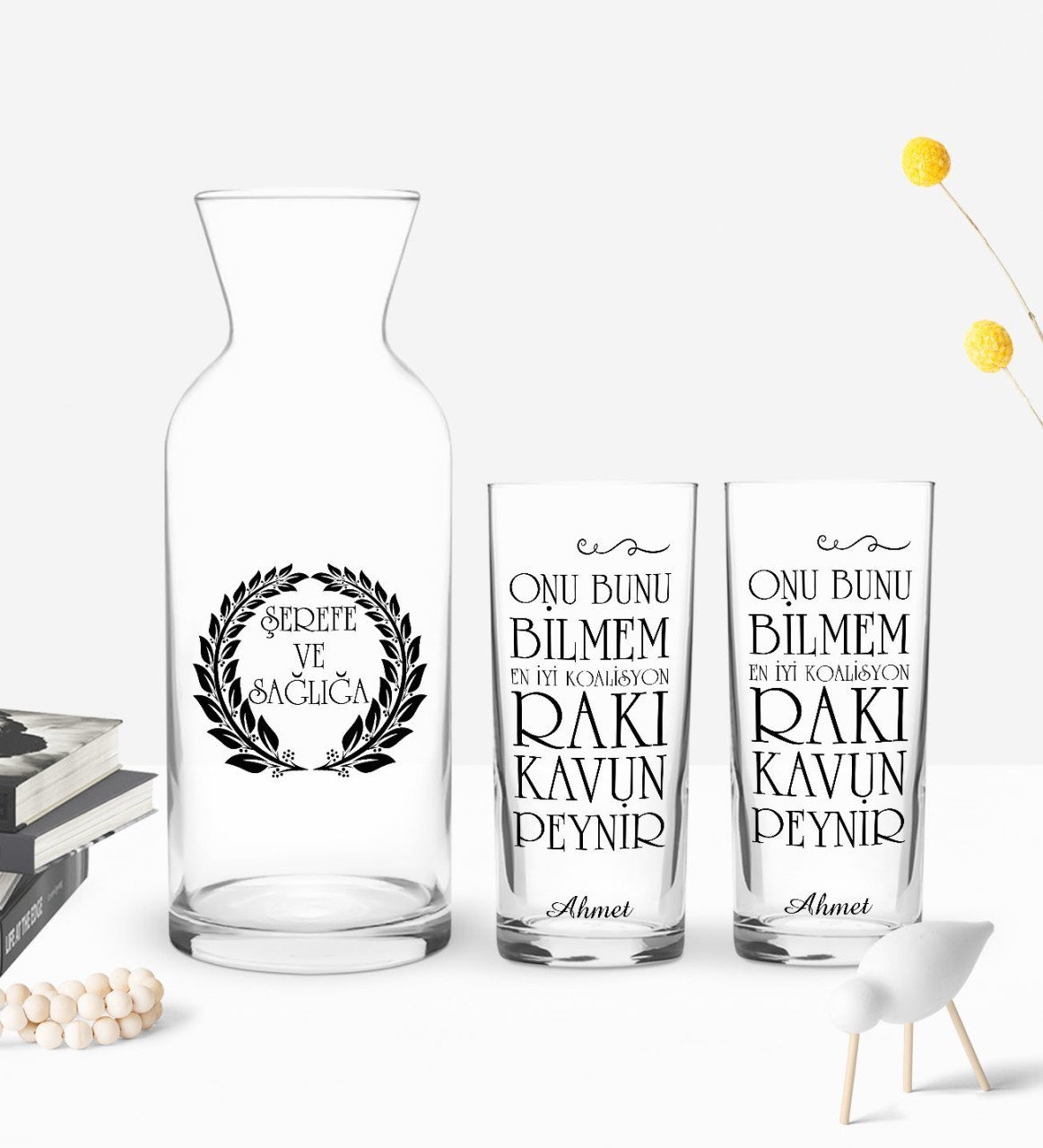 Kişiye Özel Renkli Baskılı Onu Bunu Bilmem Tasarımlı İkili Rakı Bardağı ve Karaf Hediye Seti-1