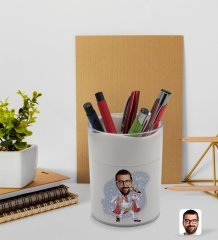 BK Gift Kişiye Özel Elvis Presley Karikatürlü Beyaz Akrilik Kalemlik - Model 1