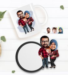 Kişiye Özel Tesettürlü Aile Karikatürlü Beyaz Kupa ve Ahşap Bardak Altlığı Hediye Seti-2