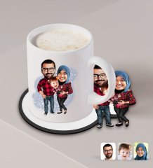 Kişiye Özel Tesettürlü Aile Karikatürlü Beyaz Kupa ve Ahşap Bardak Altlığı Hediye Seti-2