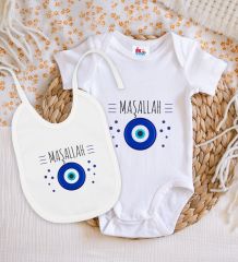 BK Kids Maşallah Tasarımlı Beyaz Bebek Body Zıbın ve Mama Önlüğü Hediye Seti-1