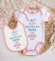 BK Kids Masal Anlat Baba Tasarımlı Pembe Bebek Body Zıbın ve Mama Önlüğü Hediye Seti-1
