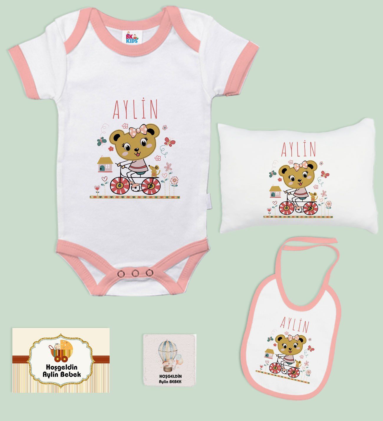 BK Kids Kişiye Özel İsimli 5 Parça Pembe Bebek Body Zıbın Yastık Hediye Seti, Yeni Doğan Bebek Giyim Hediyesi-1