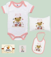 BK Kids Kişiye Özel İsimli 5 Parça Pembe Bebek Body Zıbın Yastık Hediye Seti, Yeni Doğan Bebek Giyim Hediyesi-1
