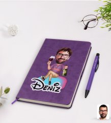 Kişiye Özel Erkek Karikatürlü Mor Termo Deri Defter Kalem Seti Model 2