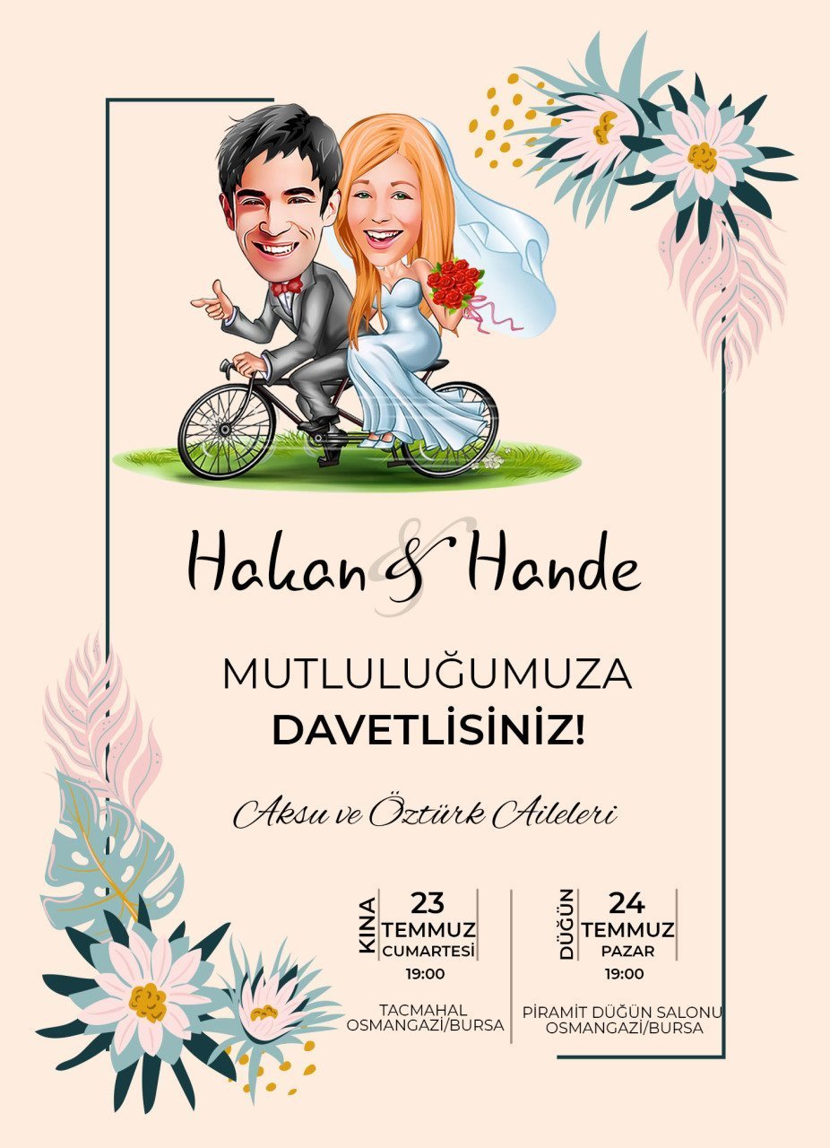 Kişiye Özel Karikatürlü Bitmeyen Düğün Davetiyesi Model 92