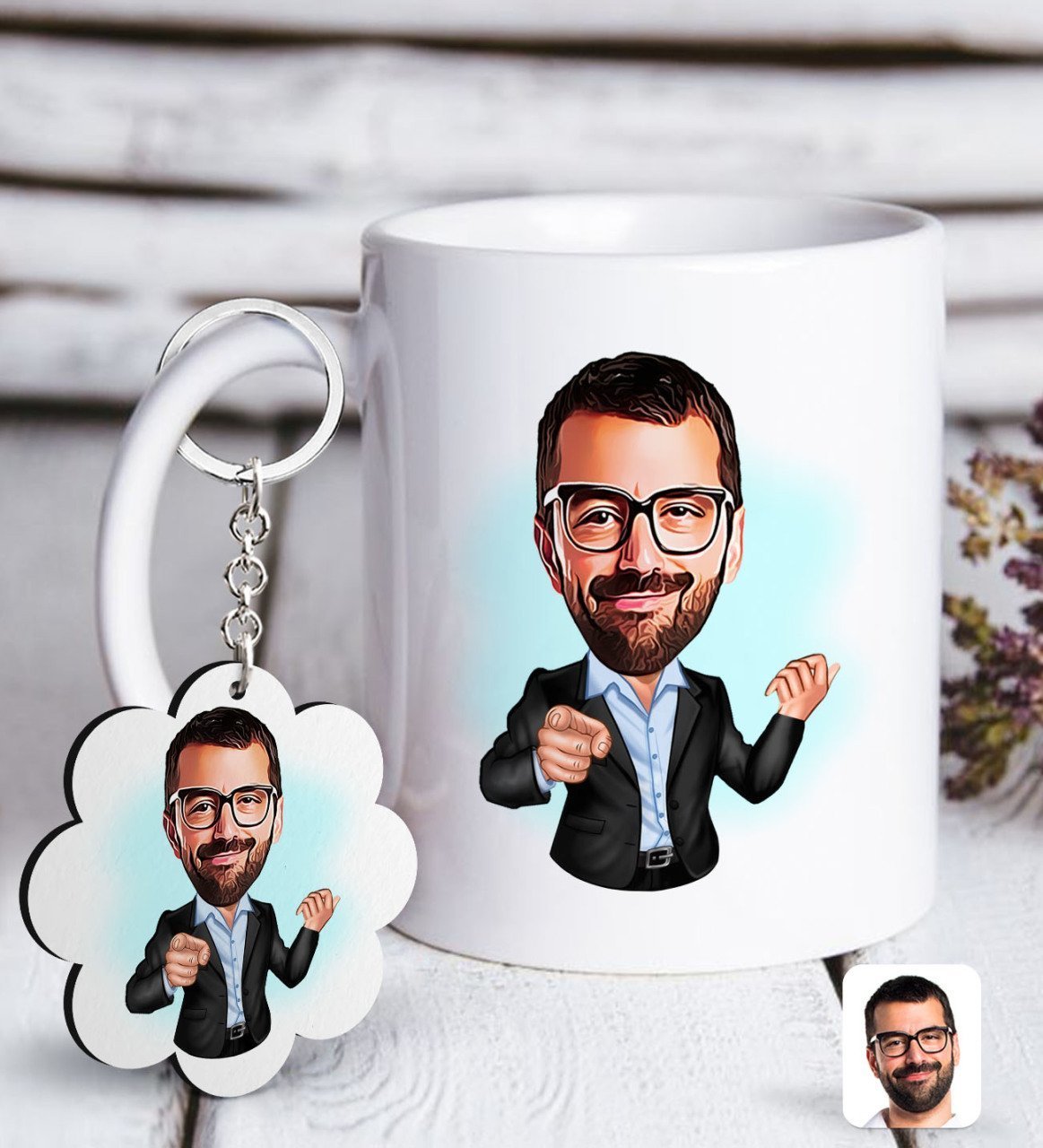 Kişiye Özel Amca Karikatürlü Beyaz Kupa ve Anahtarlık Hediye Seti