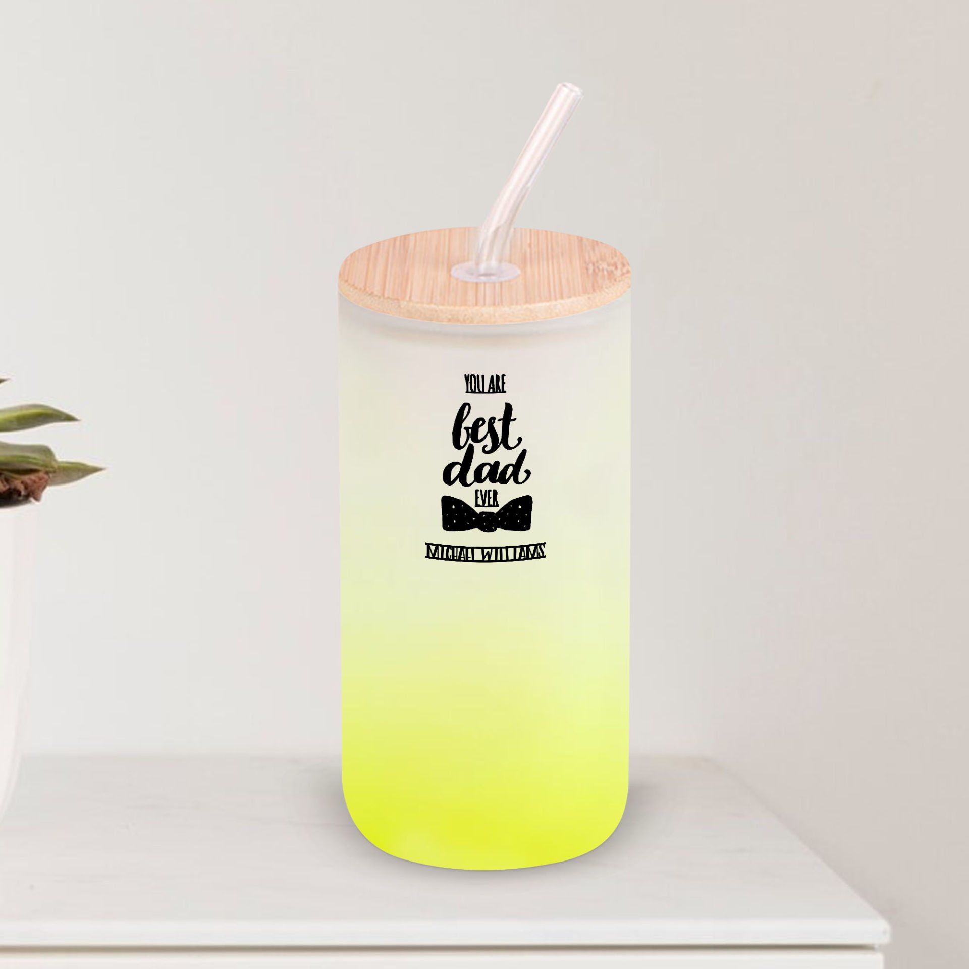BK Gift İsimli Dad Tasarımlı Sarı Renk Pipetli Buzlu Cam Bardak 600ml - 4, Babaya Hediye, Doğum Günü Hediyesi