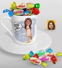 Kişiye Özel Kız Çocuk Nihayetinde Karikatürlü Türk Kahvesi Fincanı ve Haribo Şeker Hediye Seti-1