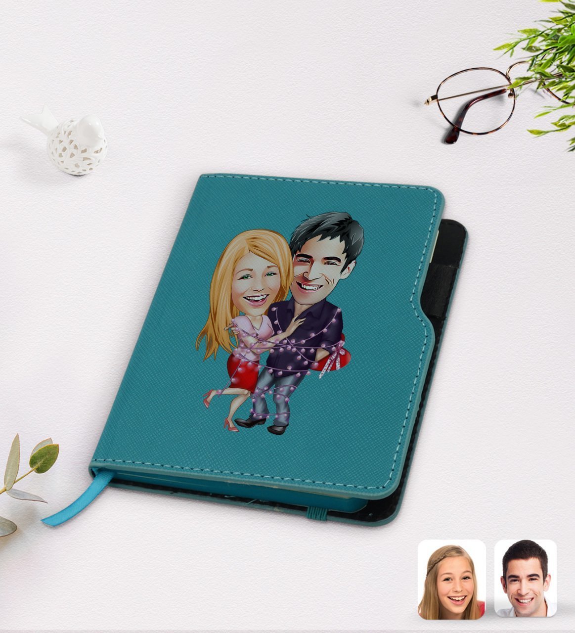 Kişiye Özel Sevgililer Karikatürlü Turkuaz Termo Deri Defter-2