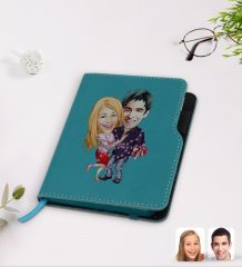 Kişiye Özel Sevgililer Karikatürlü Turkuaz Termo Deri Defter-2
