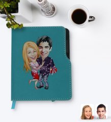 Kişiye Özel Sevgililer Karikatürlü Turkuaz Termo Deri Defter-2