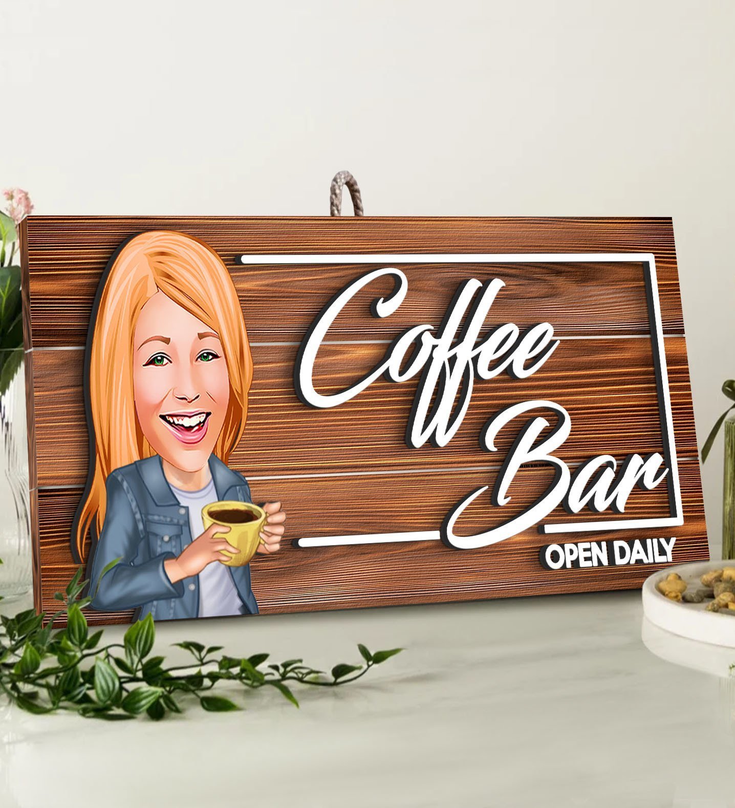 BK Gift Kişiye Özel Coffee Bar Karikatürlü Dekoratif Ahşap Tabela