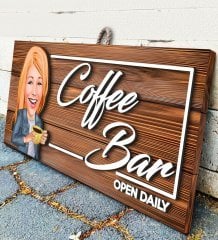 BK Gift Kişiye Özel Coffee Bar Karikatürlü Dekoratif Ahşap Tabela