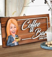 BK Gift Kişiye Özel Coffee Bar Karikatürlü Dekoratif Ahşap Tabela