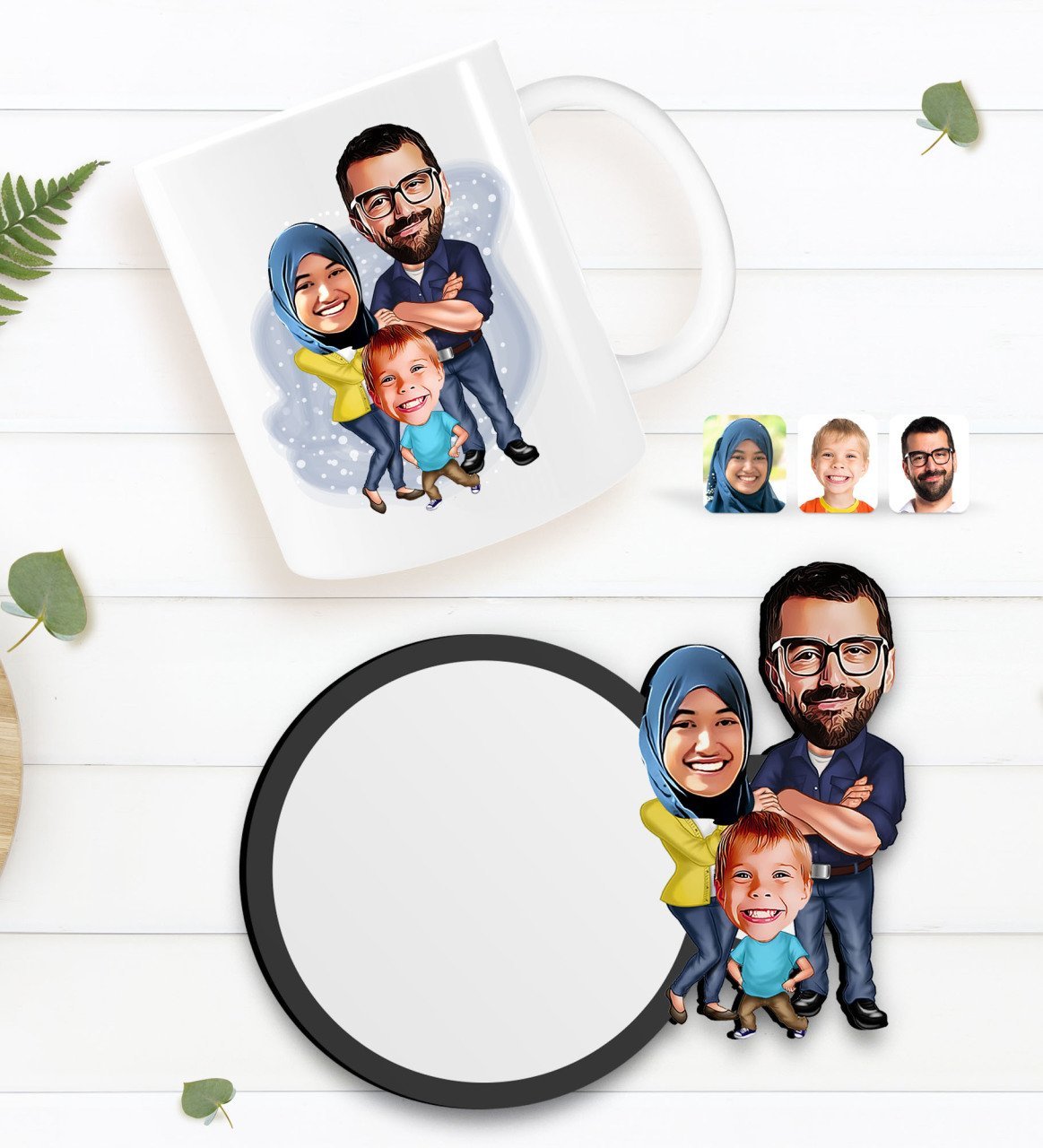 Kişiye Özel Tesettürlü Aile Karikatürlü Beyaz Kupa ve Ahşap Bardak Altlığı Hediye Seti-1