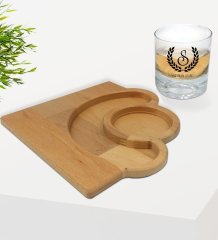 Kişiye Özel Çelenk Baş Harfli İsimli Viski Bardağı ve Doğal Masif Ahşap Yarım Ay Sunum Tabağı Çerezlik Hediye Seti-3