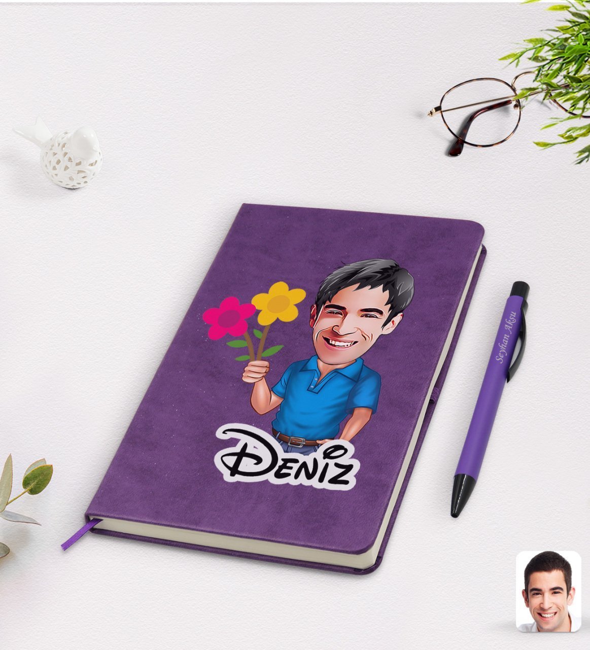 Kişiye Özel Erkek Karikatürlü Mor Termo Deri Defter Kalem Seti Model 1