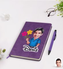Kişiye Özel Erkek Karikatürlü Mor Termo Deri Defter Kalem Seti Model 1