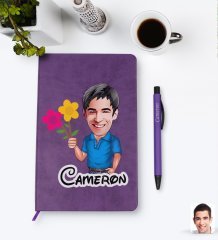 Kişiye Özel Erkek Karikatürlü Mor Termo Deri Defter Kalem Seti Model 1