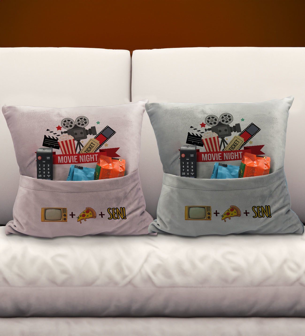 BK Gift Eğlenceli Tasarımlı 2'li Organizer Kumanda ve Atıştırmalık Cepli Pembe&Gri Kırlent Yastık- 3, Ev Dekoru, Ev Hediyesi