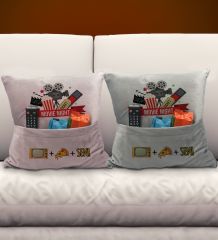 BK Gift Eğlenceli Tasarımlı 2'li Organizer Kumanda ve Atıştırmalık Cepli Pembe&Gri Kırlent Yastık- 3, Ev Dekoru, Ev Hediyesi
